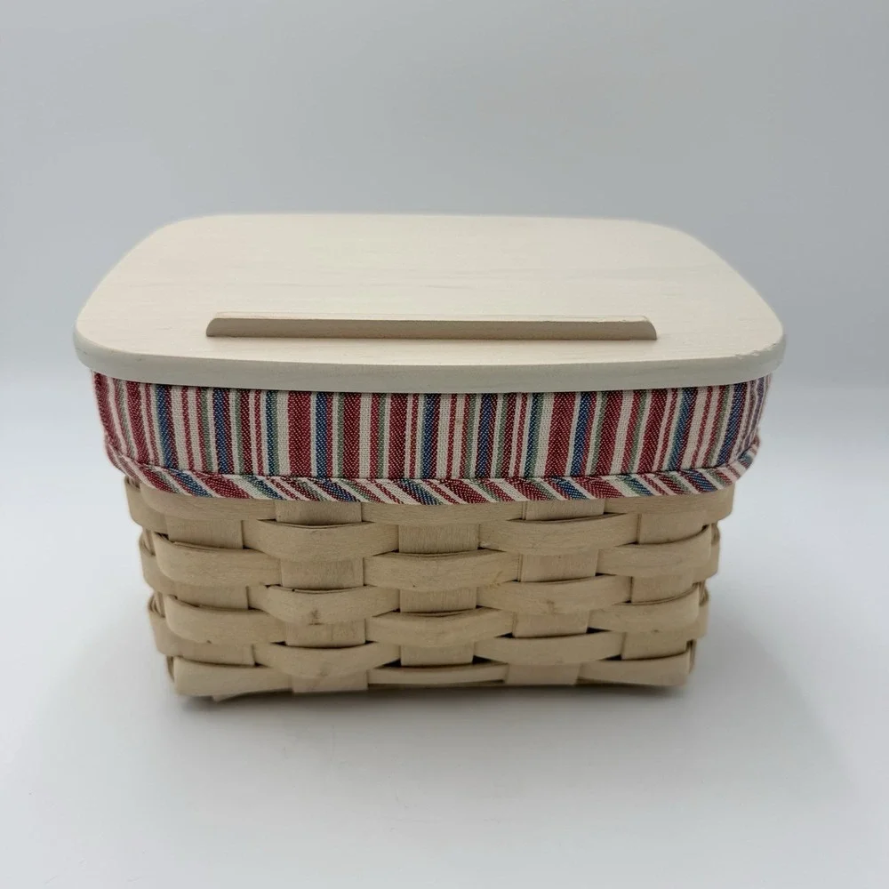 Longaberger Recipe Basket Complete Set Lid Protector Blue Red Stripe Liner USA